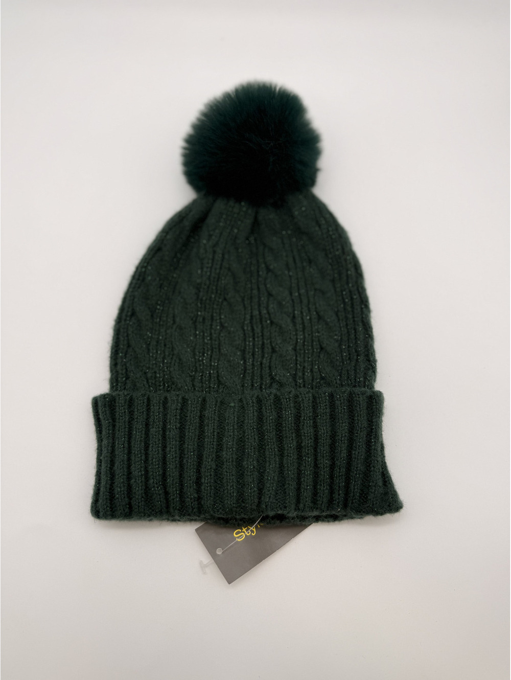 Style & Co. Dark Green Cable Knit Beanie with Pom Pom